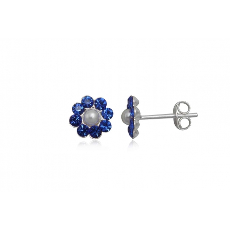 Pendientes de Plata con Cristales Preciosa y Perla - Flor Azul
