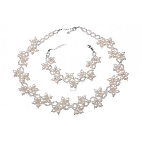Collar y Pulsera de Perlas naturales con Plata - Flores
